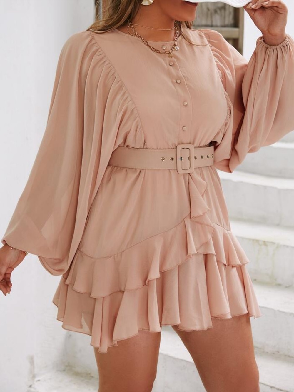 Simplee Plus Dusty Pink Lantern Sleeve Layered Hem Dress